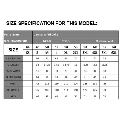 genuinevestsizechart